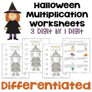 Halloween Multiplication Worksheets for 3 Digit by 1 Digit Multiplication