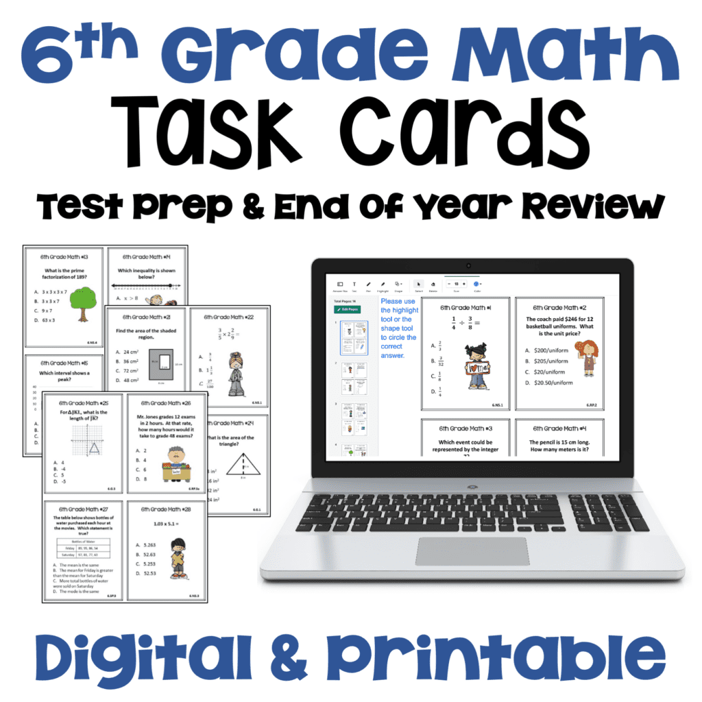 6th Grade Math Task Cards for Test Prep and End of Year Review