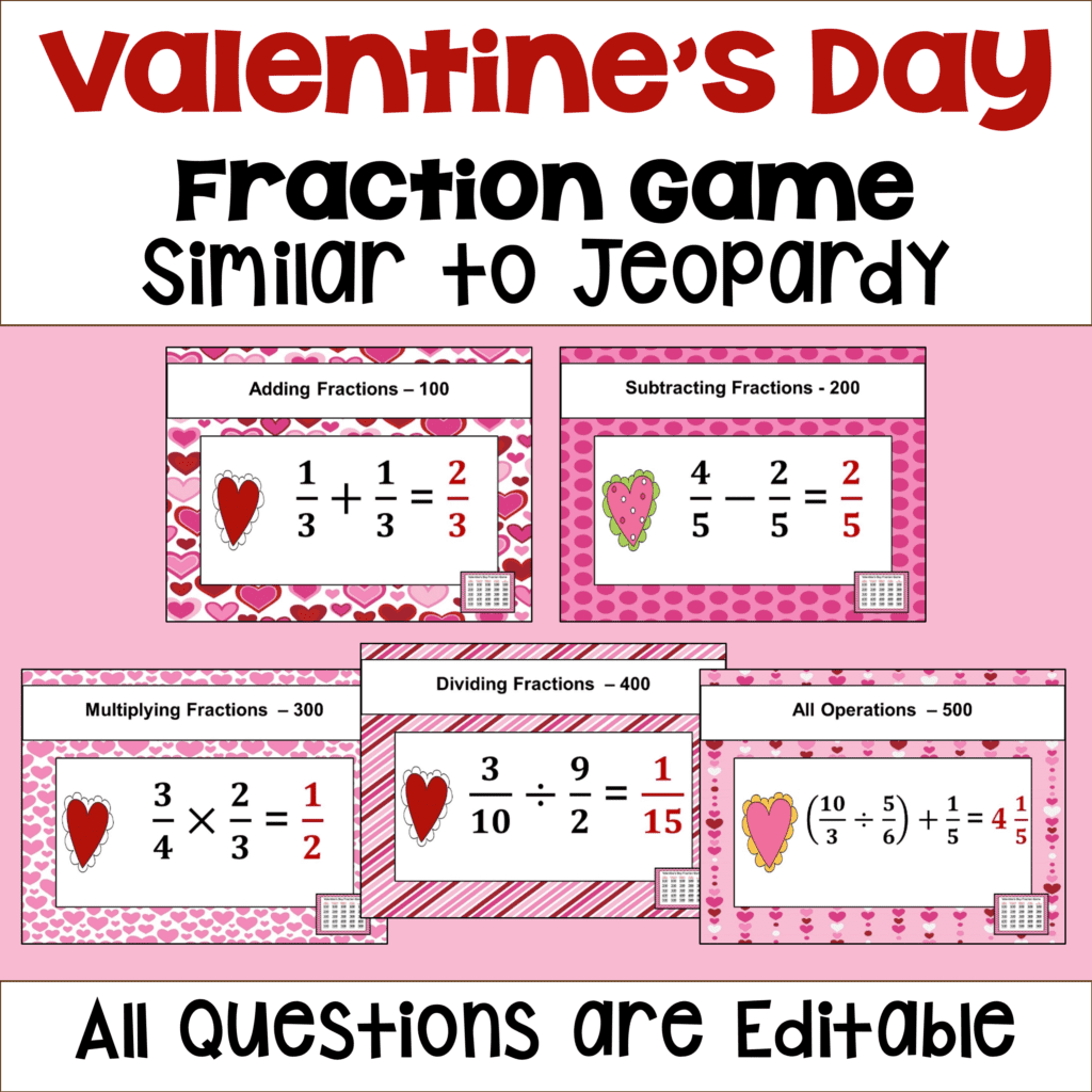 Valentine's Day Fraction Game Similar to Jeopardy