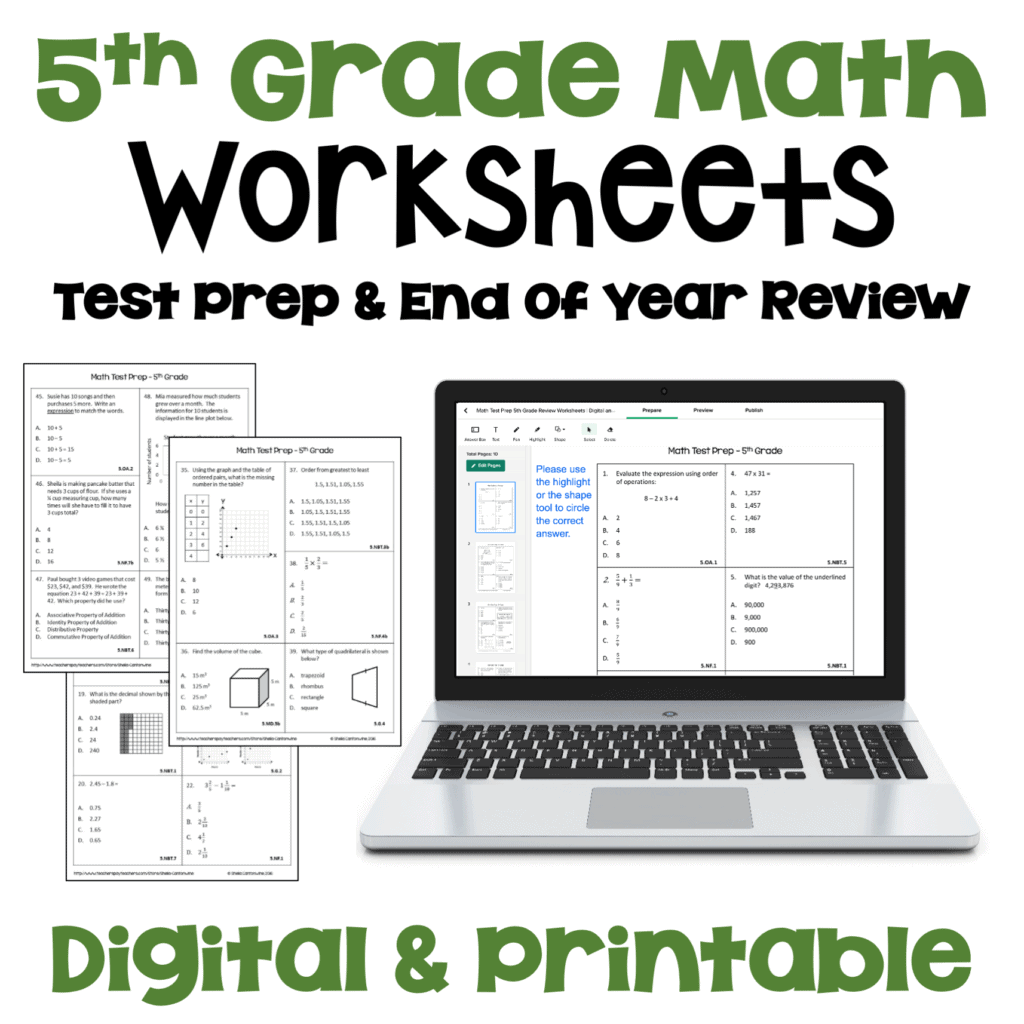 5th Grade Math Worksheets for Test Prep and End of Year Review