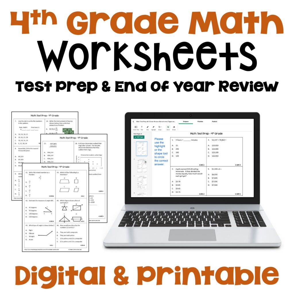 4th Grade Math Test Prep and Review Worksheets