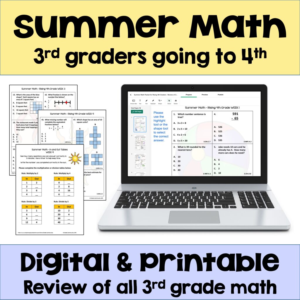 Summer Math for Rising 5th Graders with Digital & Printable Options