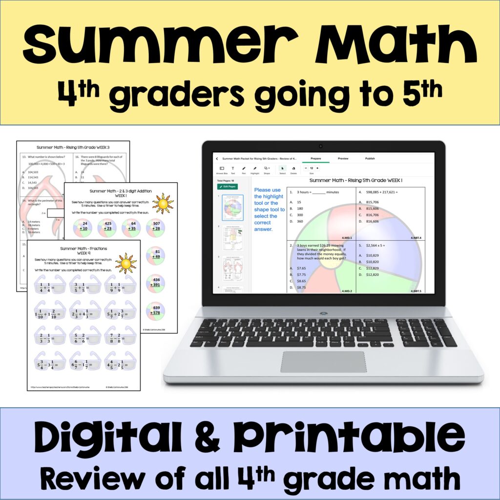 Summer Math for 4th graders going to 5th