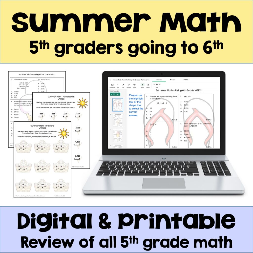 Summer Math Packet with a Review of 5th Grade Math with Digital and Printable Options