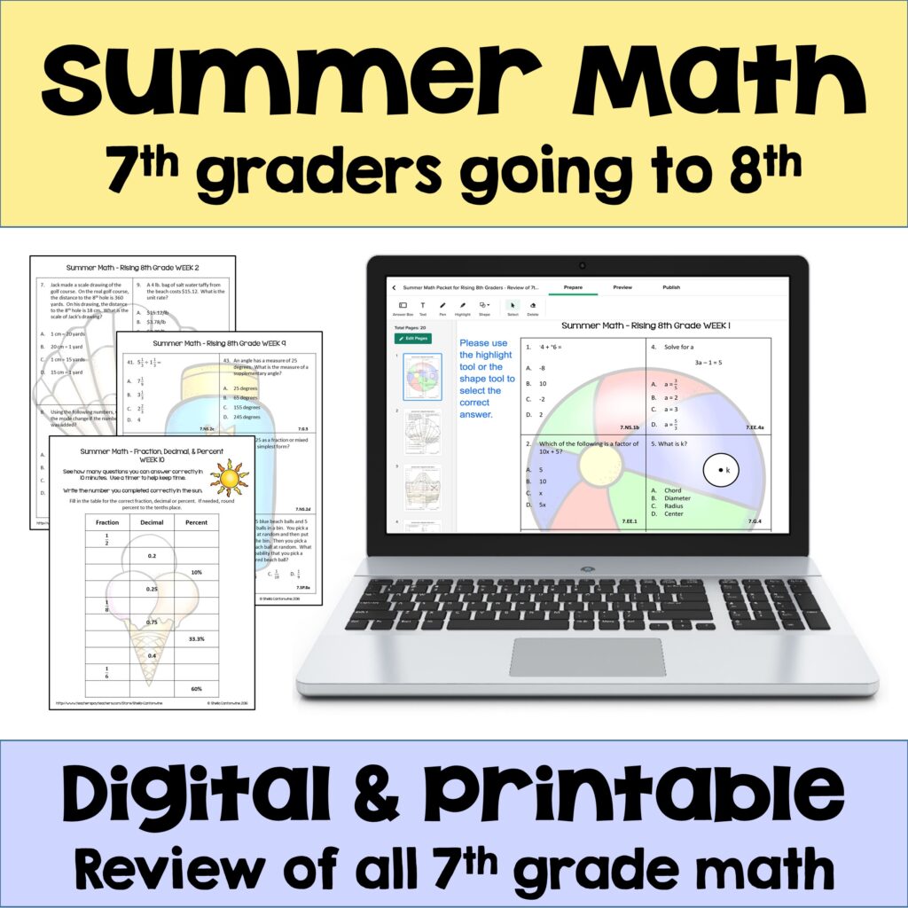 Summer Math for Rising 8th Graders with Digital & Printable Options