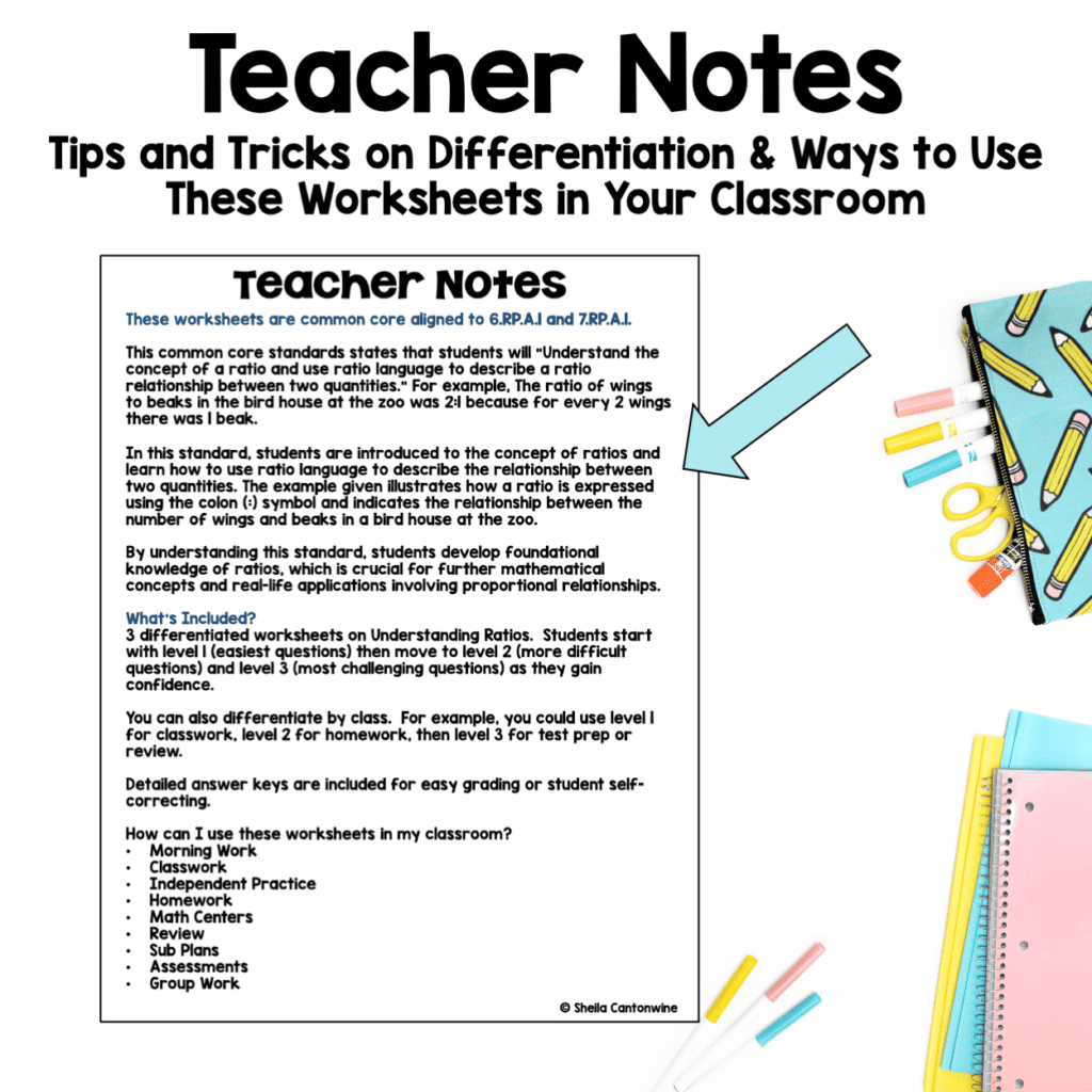 Teacher Notes for Understanding Ratios Differentiated Worksheets